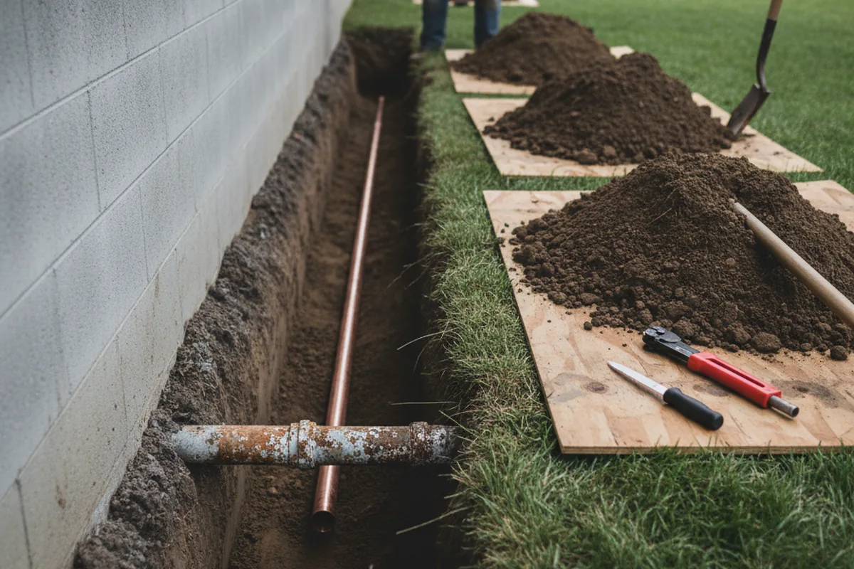 Excavated water line trench during Sewer Line Repair in Hampden